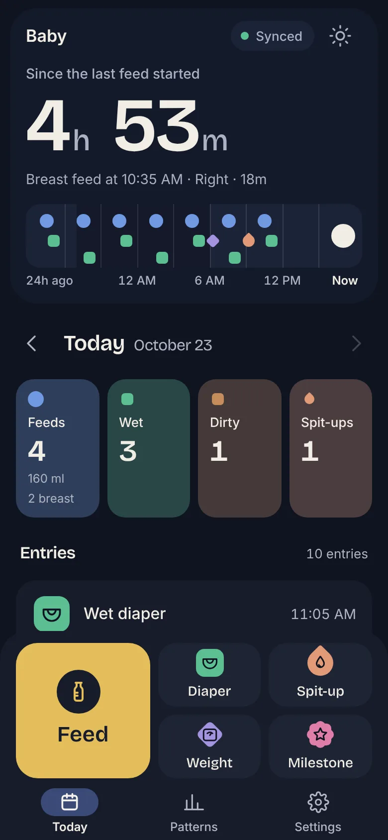 TinyTots Today screen at night for a demo baby: the last feed, the last diaper and today's totals.